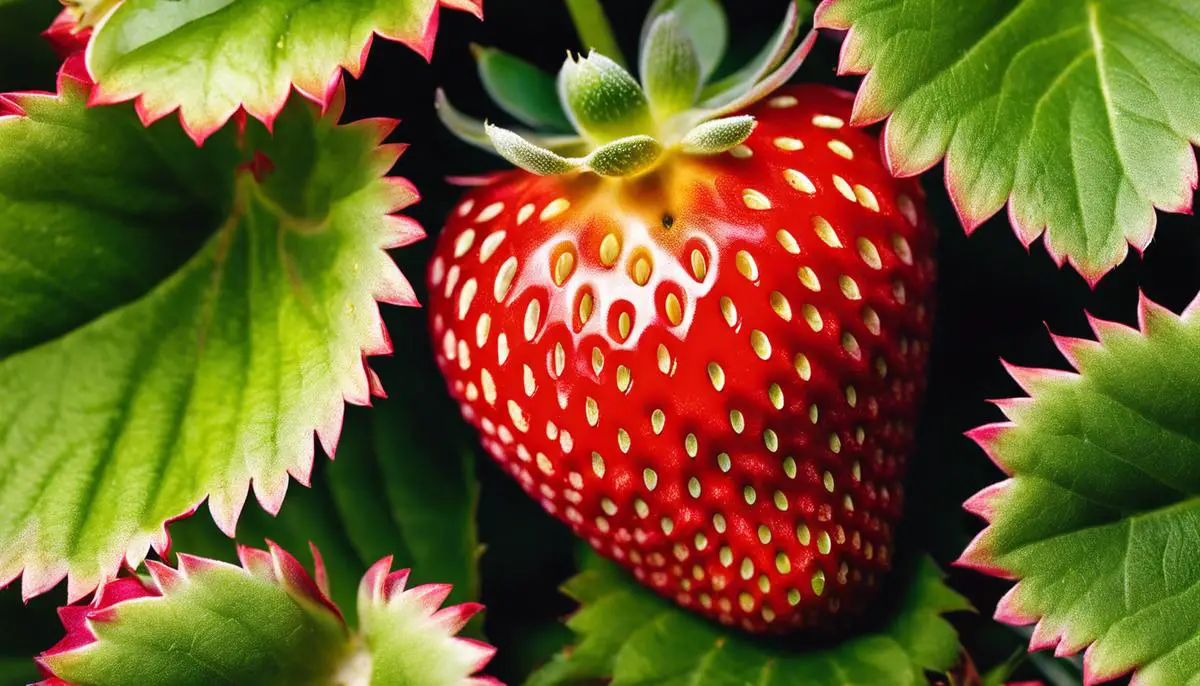 A close-up image of a Danish Strawberry with fresh leaves, showcasing its vibrant red color and succulent appearance.