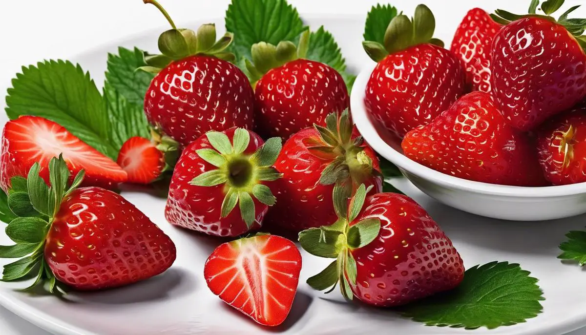 A plate of fresh Danish strawberries, showcasing their vibrant red color and inviting juiciness.