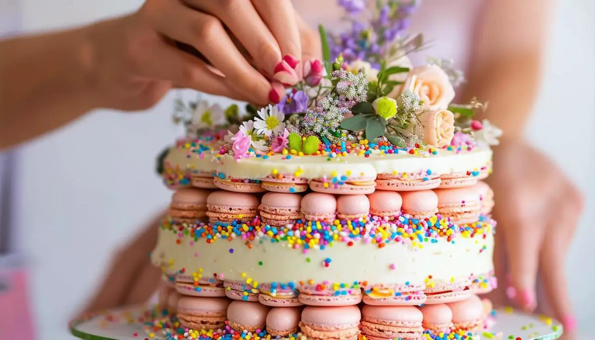 A woman's hands decorating a tall macaron cake with colorful sprinkles and fresh flowers