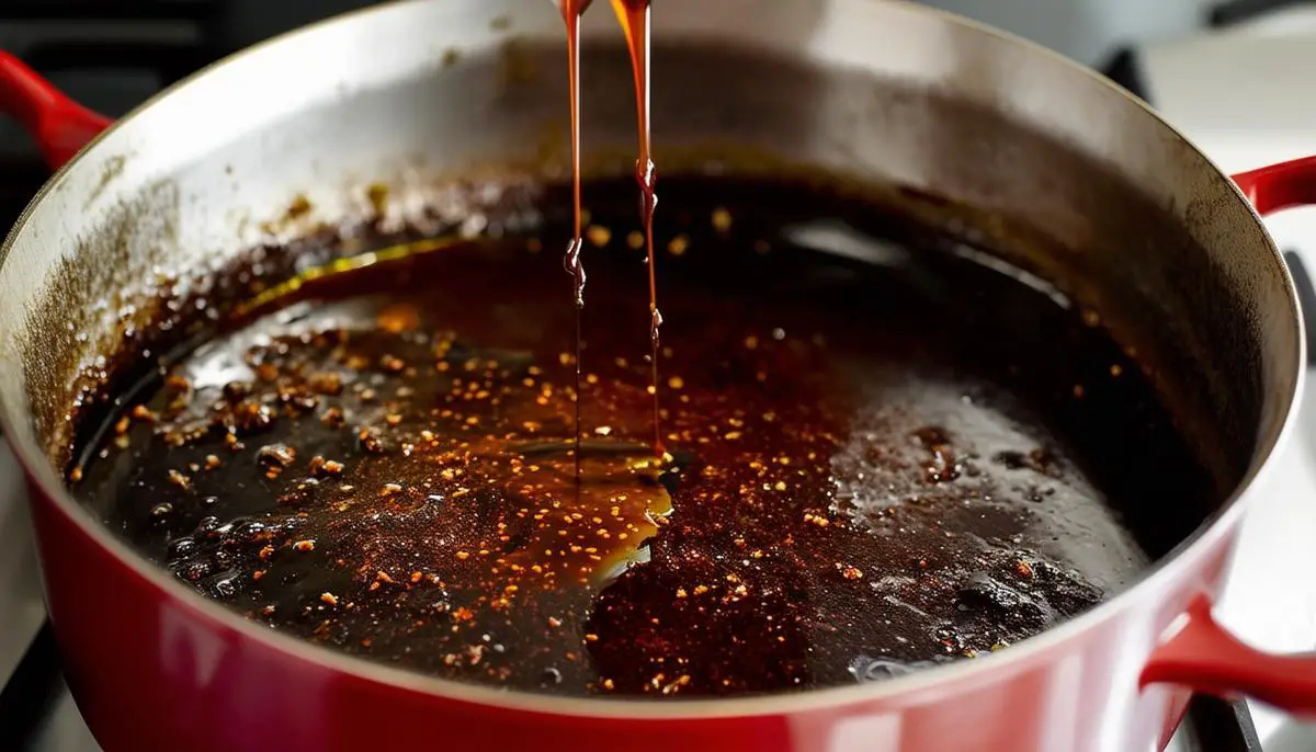 Deglazing a pot with Worcestershire sauce to lift browned bits from the bottom