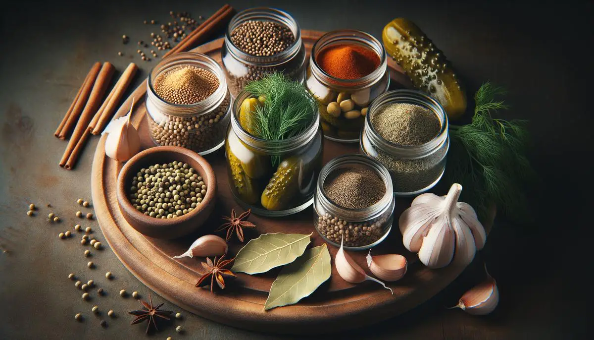 An assortment of pickling spices including mustard seeds, dill seeds, coriander seeds, bay leaves, and garlic cloves