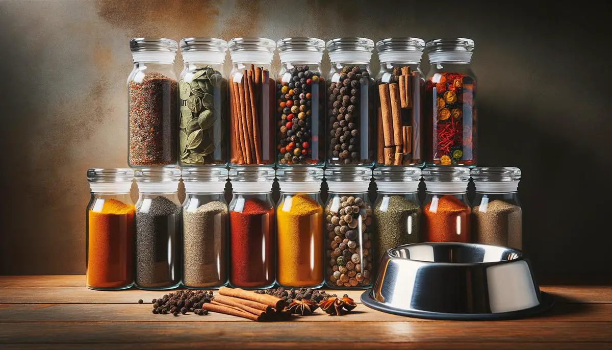 variety of spices in glass jars next to a dog bowl