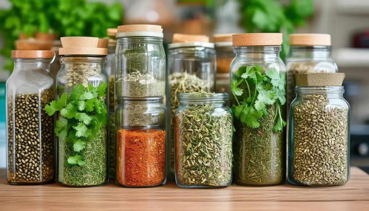 Transparent glass jars filled with various dried herbs and spices, including cilantro and coriander seeds