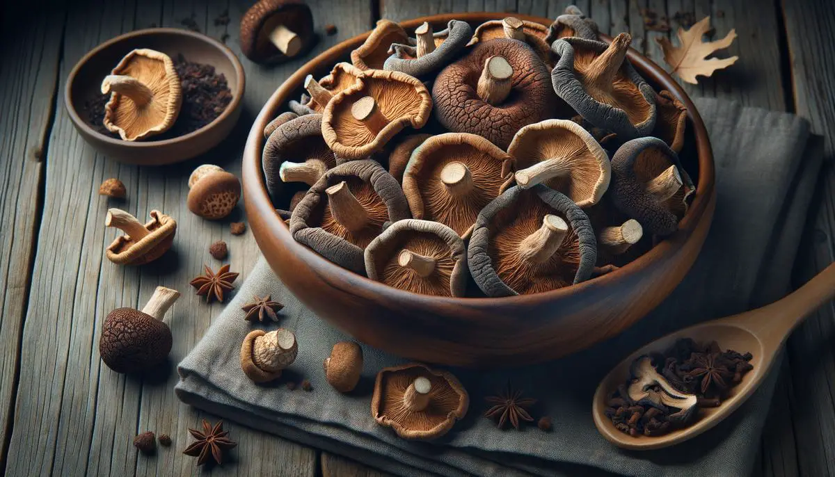 Dried porcini mushrooms in a wooden bowl