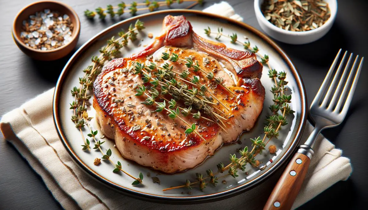 Dried thyme sprinkled on cooked pork chops