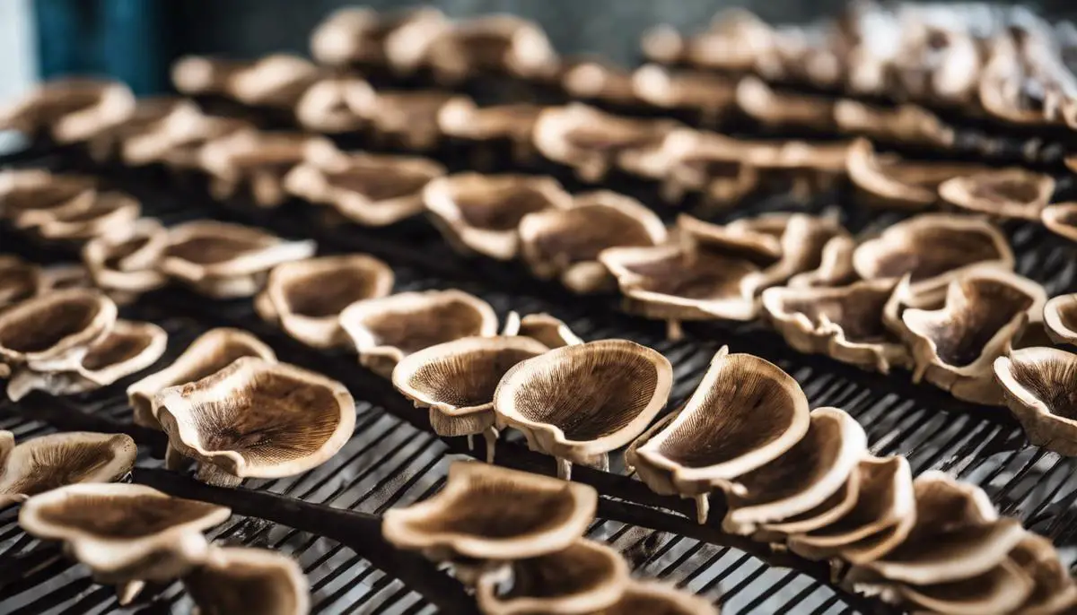 Sliced porcini mushrooms being dried on drying racks