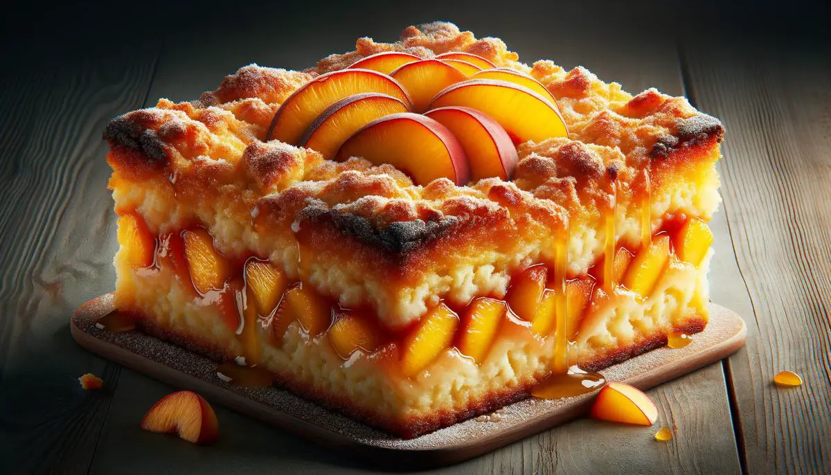 A delicious dump cake made with canned peaches and yellow cake mix, showcasing a golden crust on top of soft and syrupy peaches