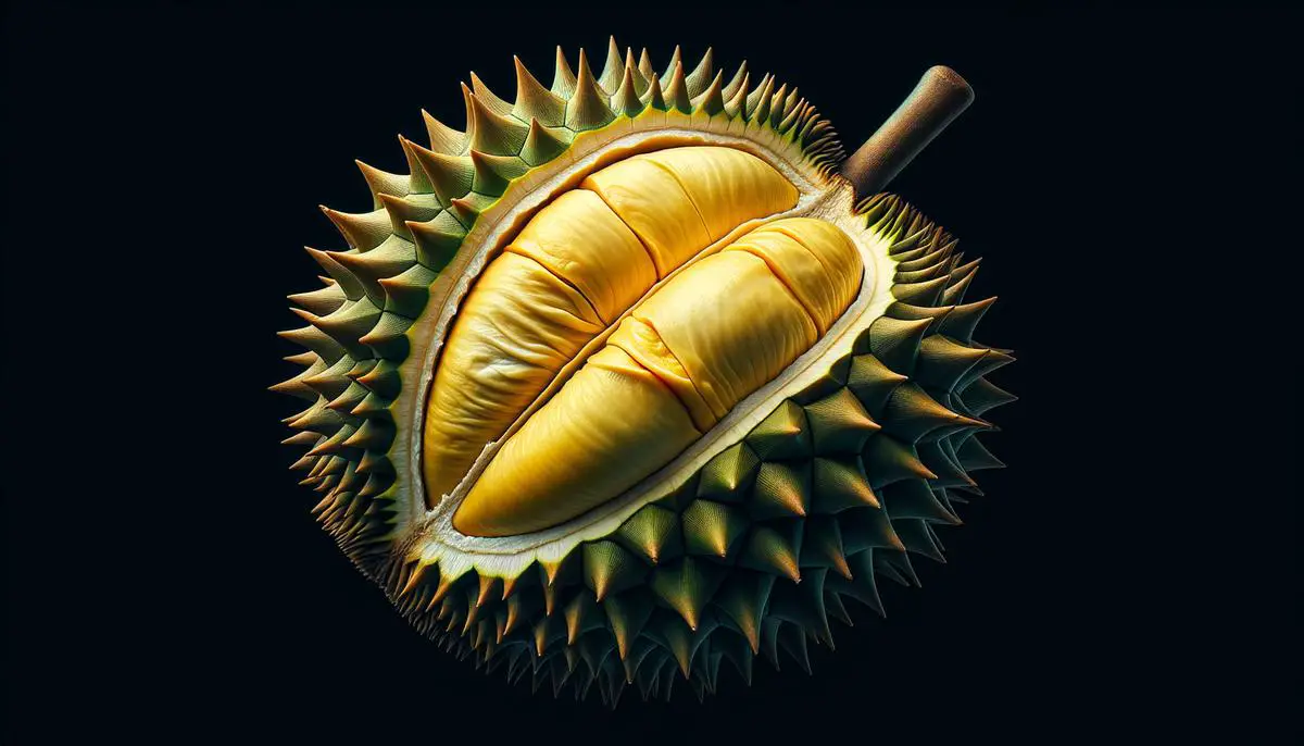 A close-up image of a durian fruit, showcasing its spiky exterior and creamy yellow flesh