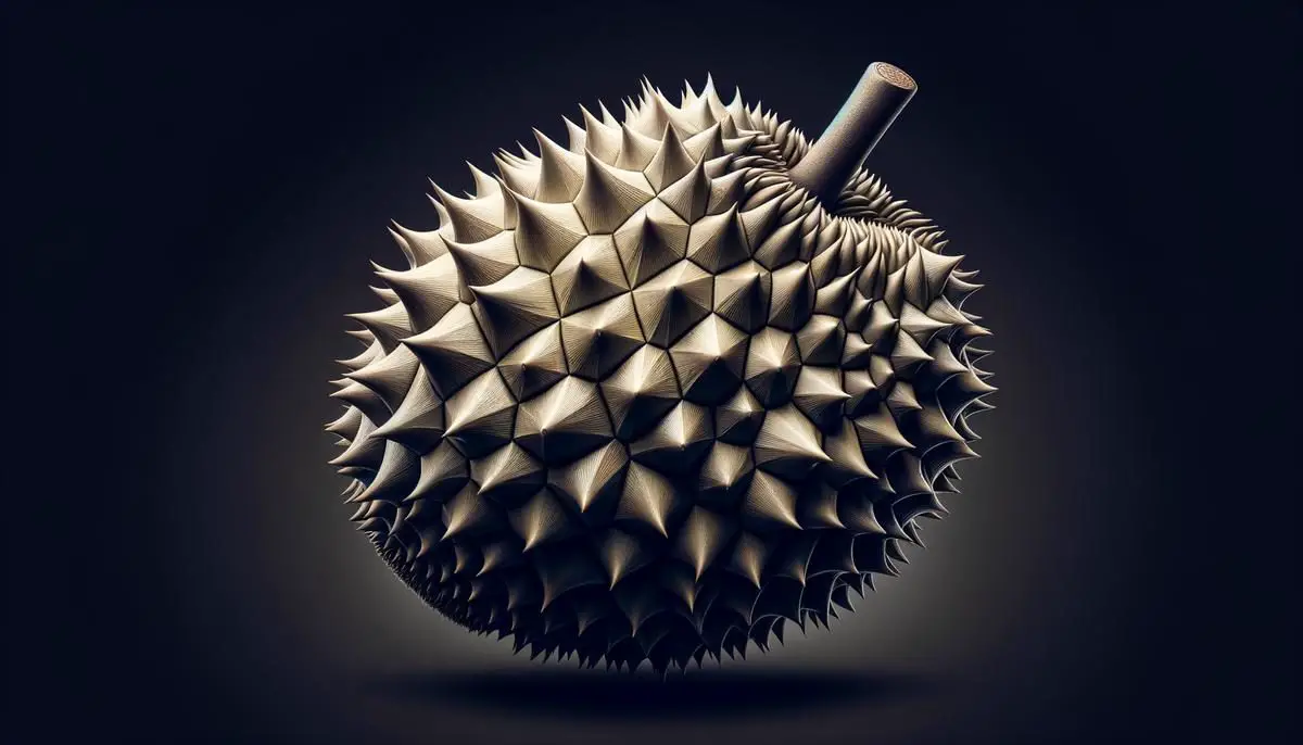 A realistic image of a durian fruit, showcasing its spiky exterior and creamy flesh inside