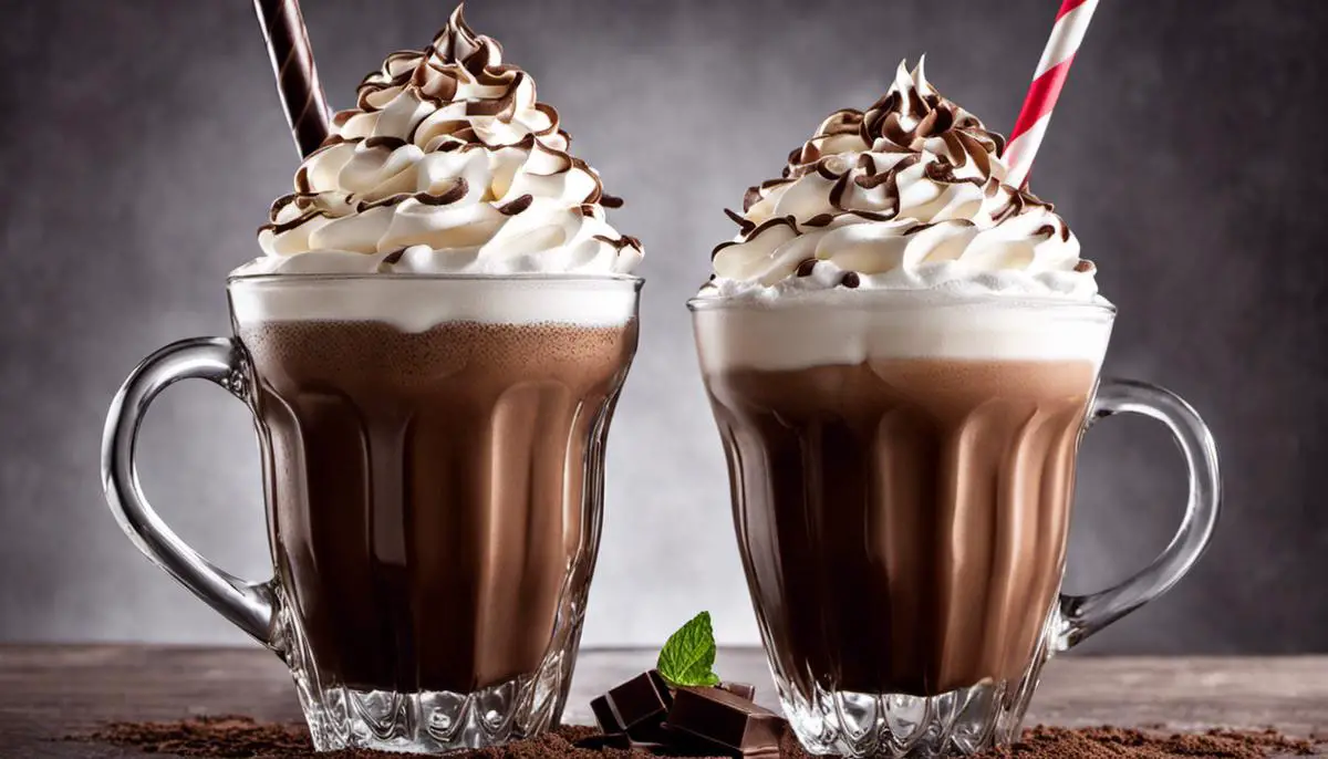A brown frothy drink in a glass garnished with a chocolate straw and whipped cream.