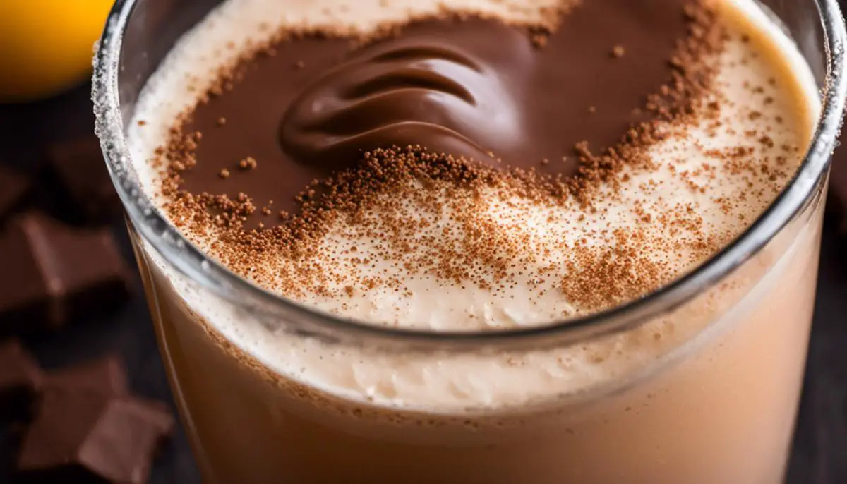 A close-up image of a chocolate and cream-colored Egg Cream in a tall soda fountain glass, topped with a frothy foam.
