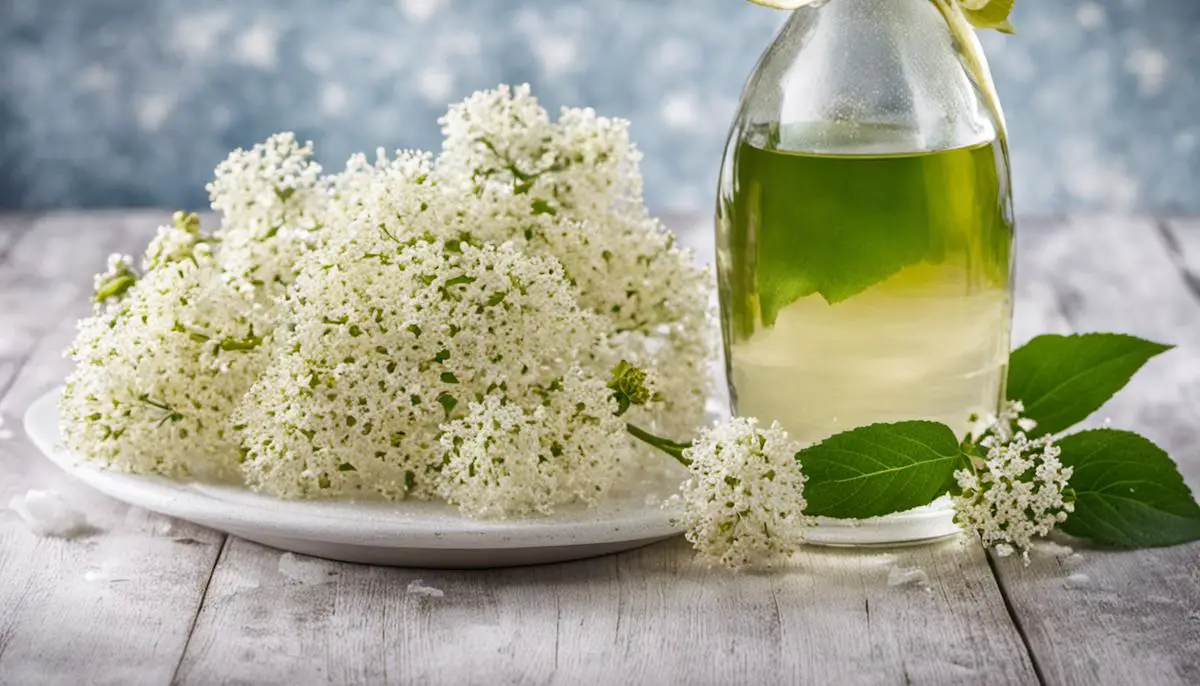 A bottle of elderflower cordial with a glass of ice and elderflower blossoms, representing the description of the text.