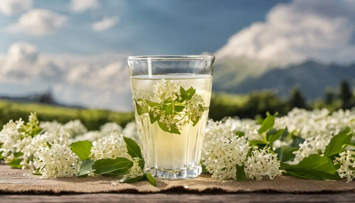A glass of elderflower cordial surrounded by elderflower blossoms