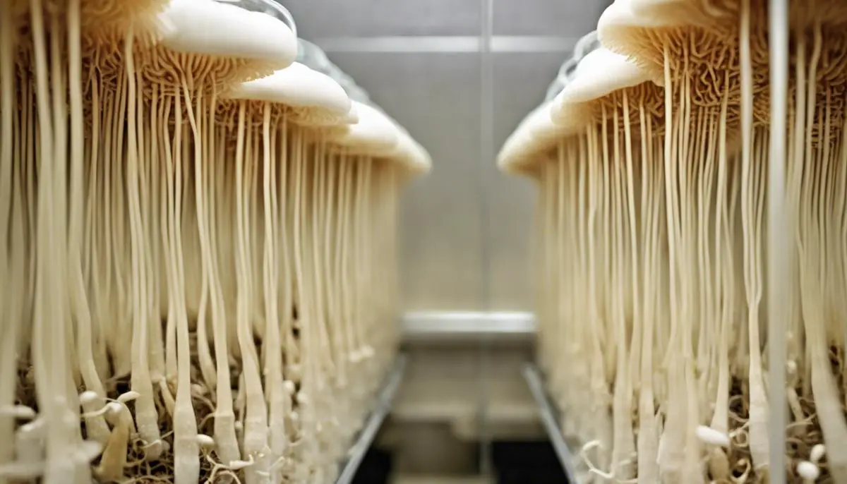 Enoki mushrooms growing in a controlled environment, showcasing the bottles used to encourage elongated stems and small caps