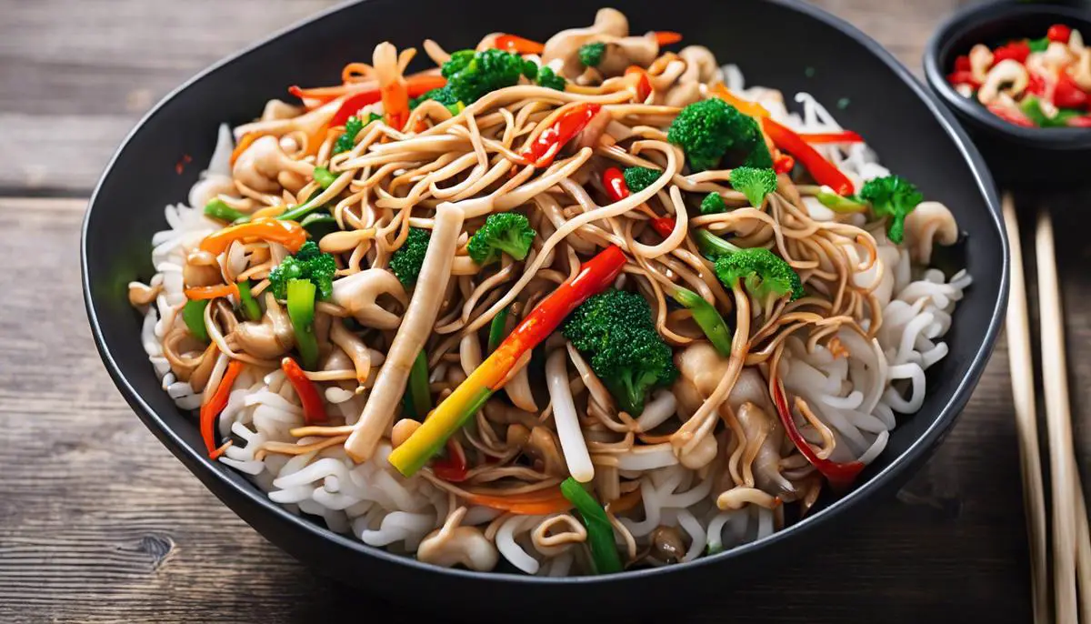 A colorful and appetizing stir-fry dish featuring enoki mushrooms as a key ingredient