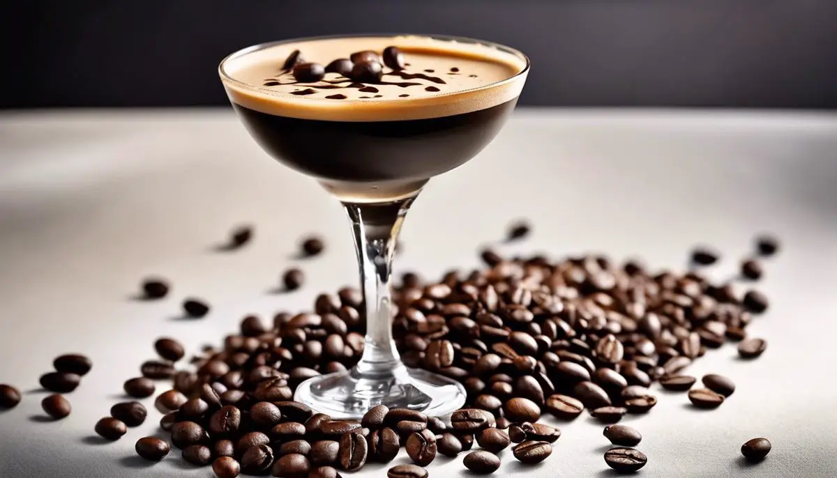 An image depicting a freshly made Espresso Martini in a classic glass, garnished with three coffee beans on top of a frothy crema.