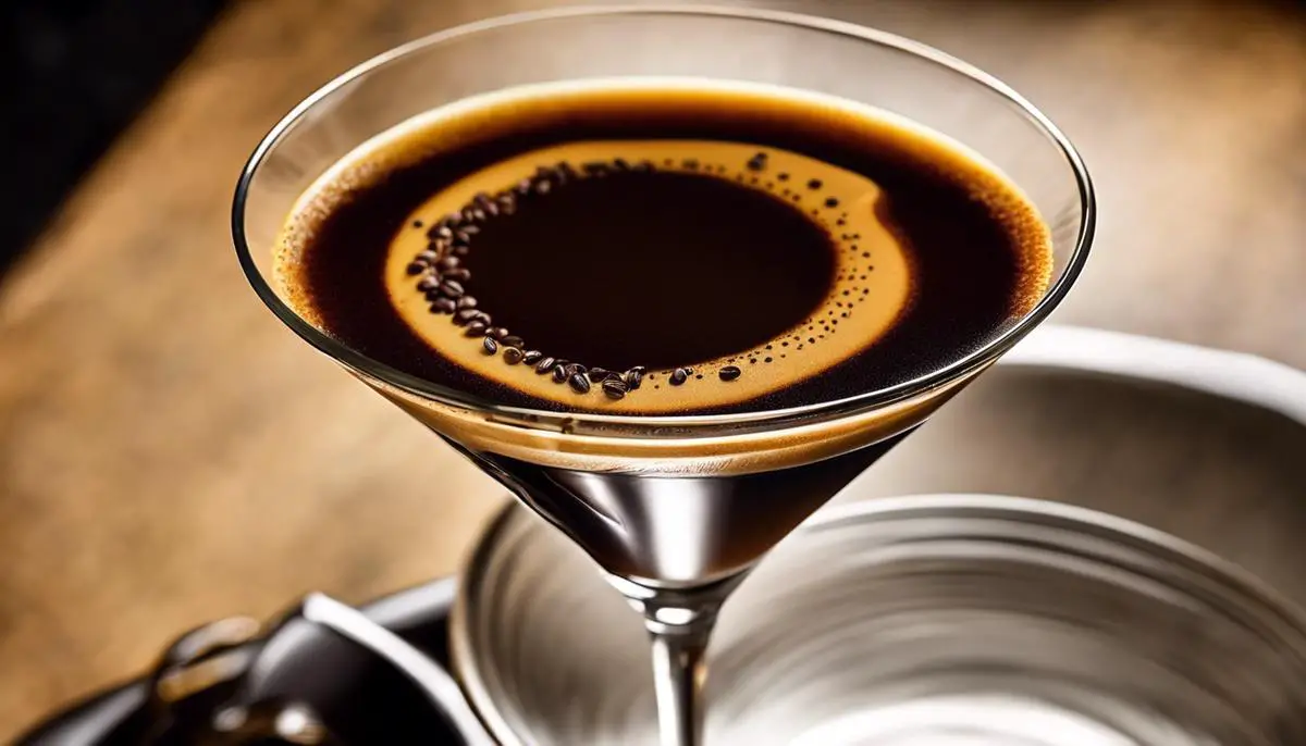 A delicious Espresso Martini with a golden crema, garnished with coffee beans.