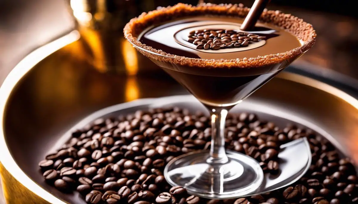 Image of an exquisite Espresso Martini garnished with coffee beans and a chocolate curl.