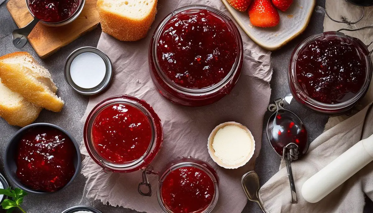 The essential equipment for making homemade jam, including a heavy-bottomed saucepan, sterilized mason jars with lids and rings, a potato masher, a food processor, a canning kit, and measuring cups and spoons