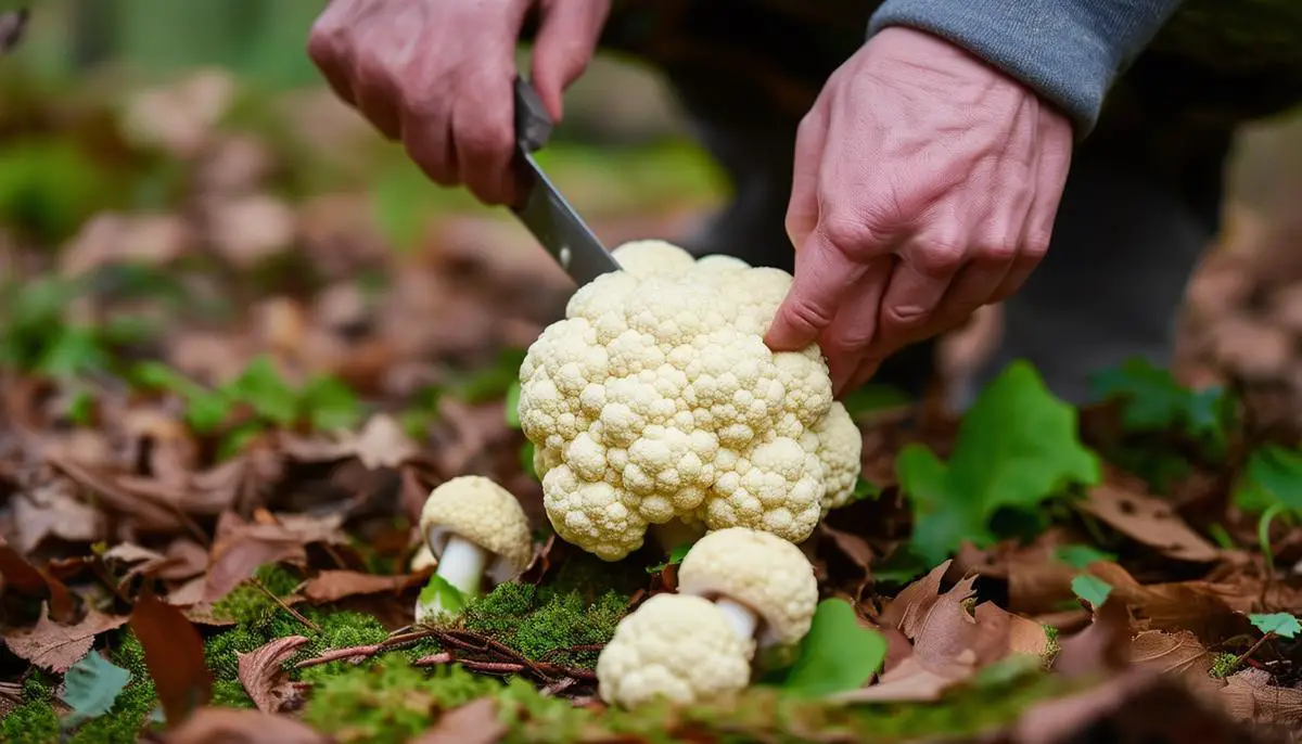 A person responsibly foraging for Eastern Cauliflower Mushrooms in the forest, using a knife to carefully cut the mushroom at its base
