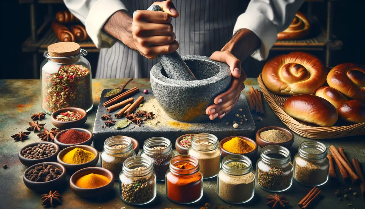 An expert baker using a mortar and pestle to freshly grind whole baking spices, with various spices and baked goods in the background.