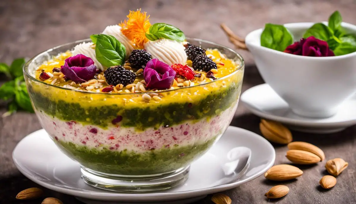 A delicious falooda dessert with vibrant layers of vermicelli, basil seeds, Rabri, Kulfi, rose syrup, and a garnish of chopped nuts and dried fruits.
