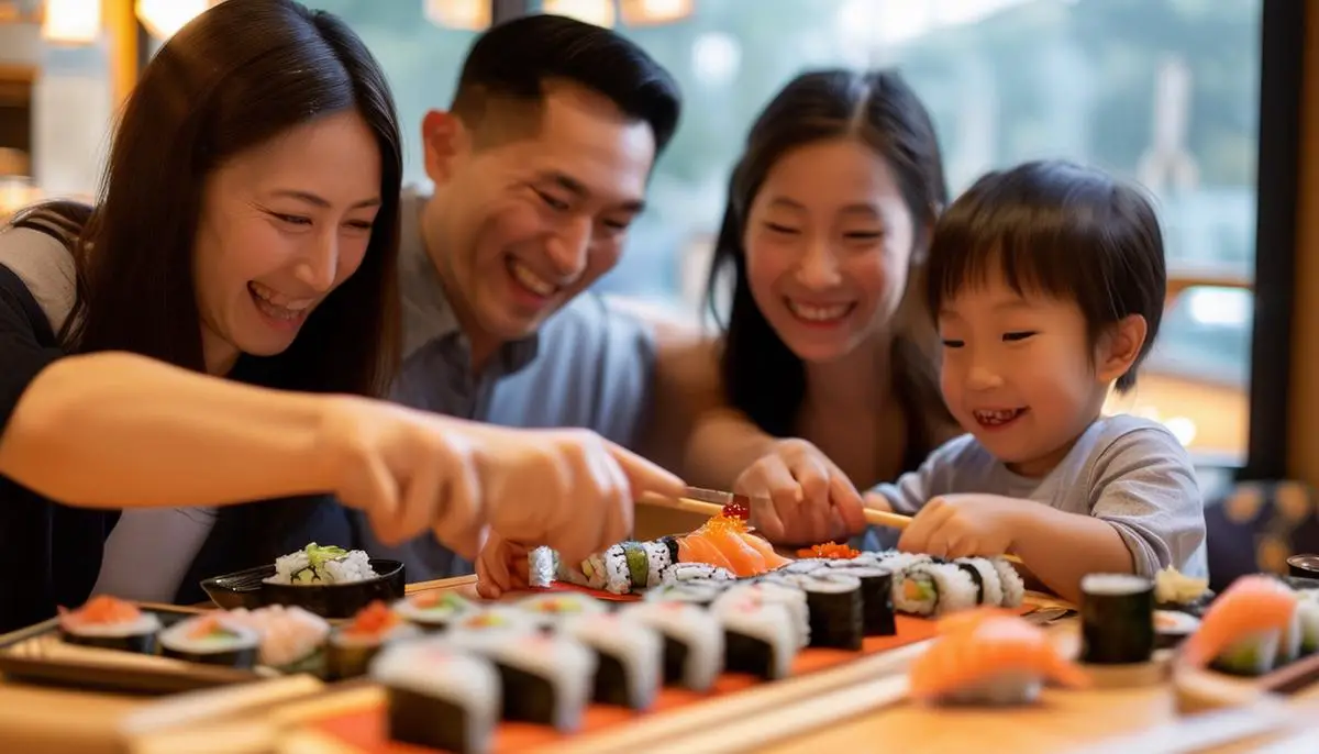 A family of four sitting together at a table, rolling sushi and having fun