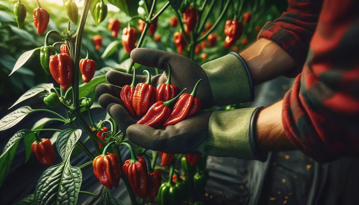 A farmer carefully harvesting ripe ghost peppers while wearing protective gloves