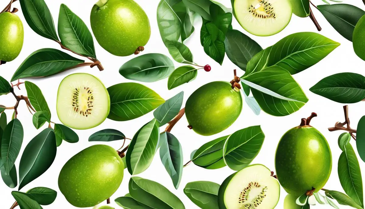 A vibrant fruit called feijoa, packed with nutrients, antioxidants, and fiber.