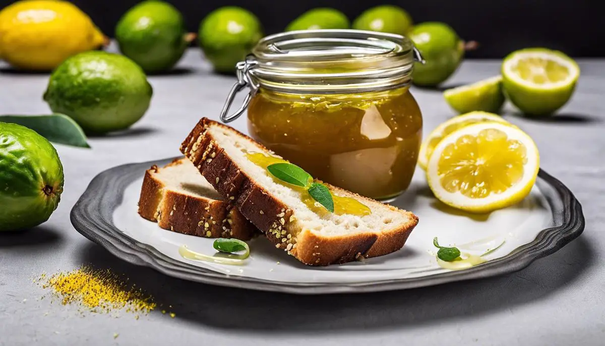 A jar of feijoa jam with toasted bread and lemon zest on a plate
