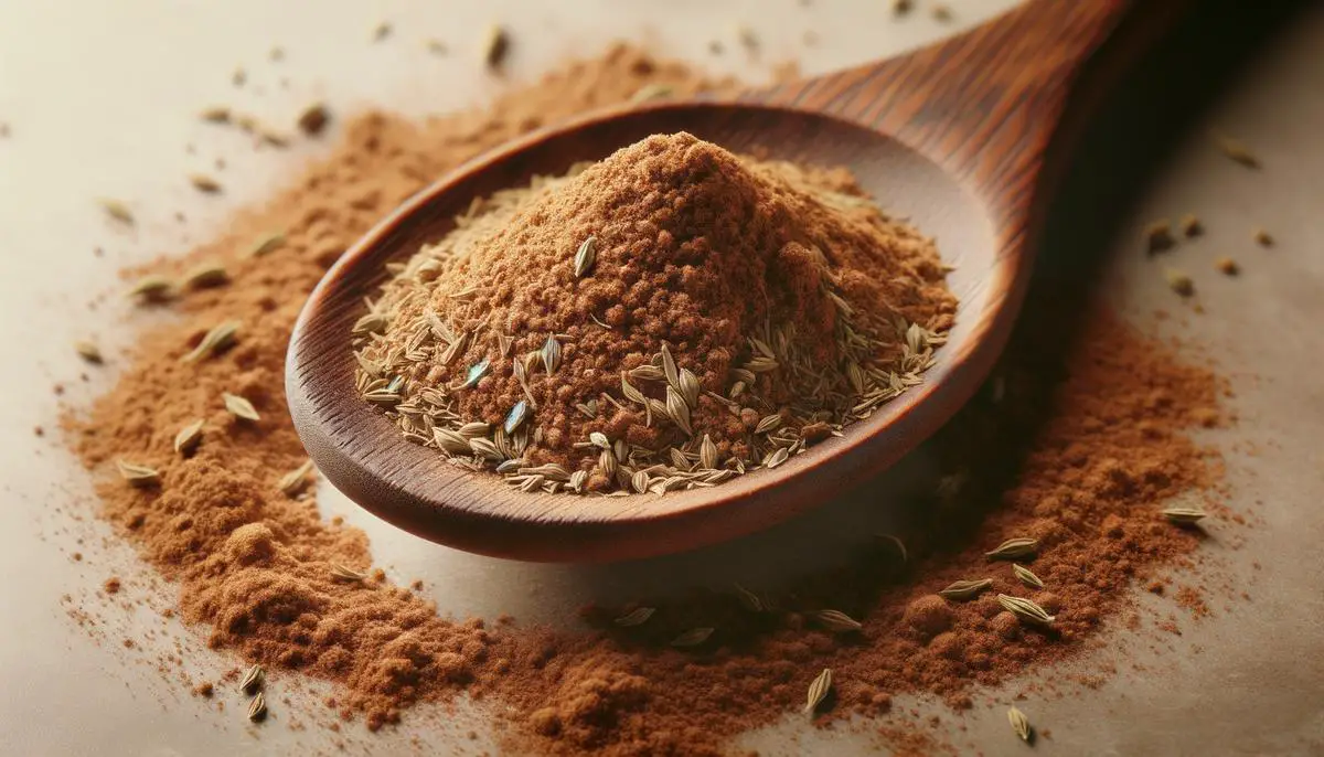 A wooden spoon holding a mound of powdered fennel spice