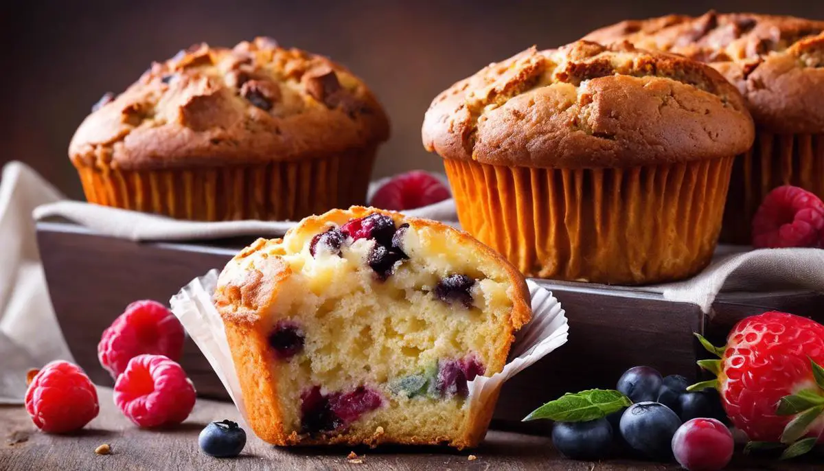 A colorful image showing various fiber-rich baked goods like muffins, bread, and pastries.