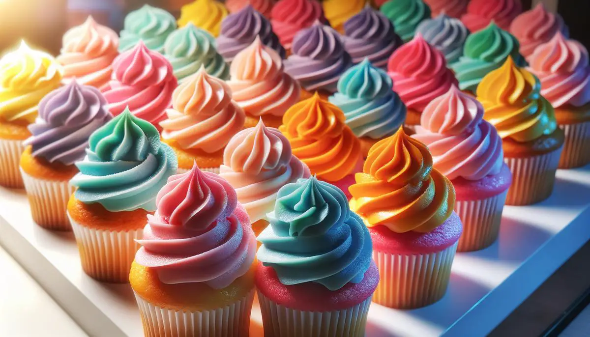 Image of fluffy cupcakes with colorful frosting on top