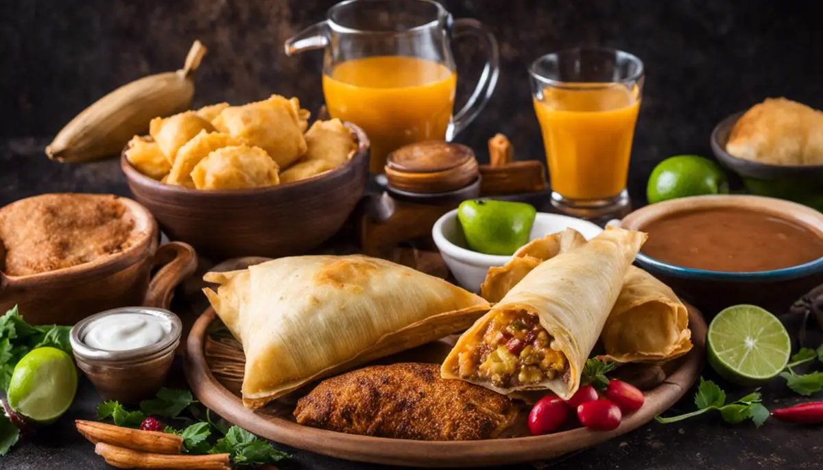 Various foods paired with Atole, including tamales, Mexican pastries, fresh fruits, and empanadas.