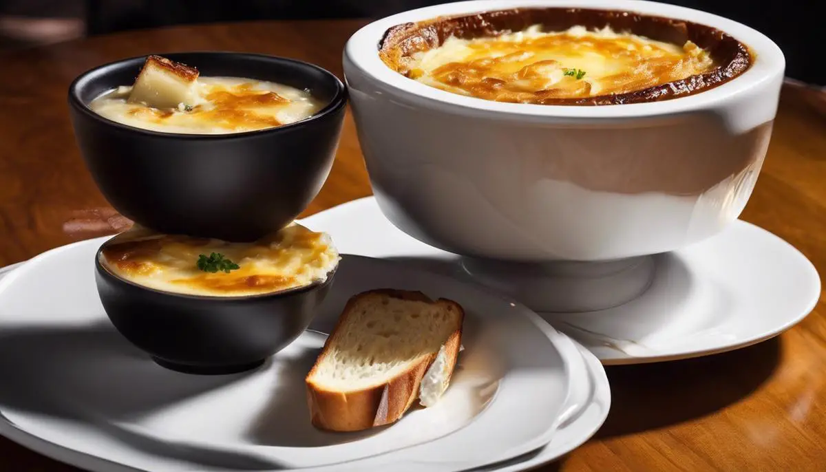 A bowl of French onion soup topped with a golden layer of melted cheese and sliced baguette on the side.