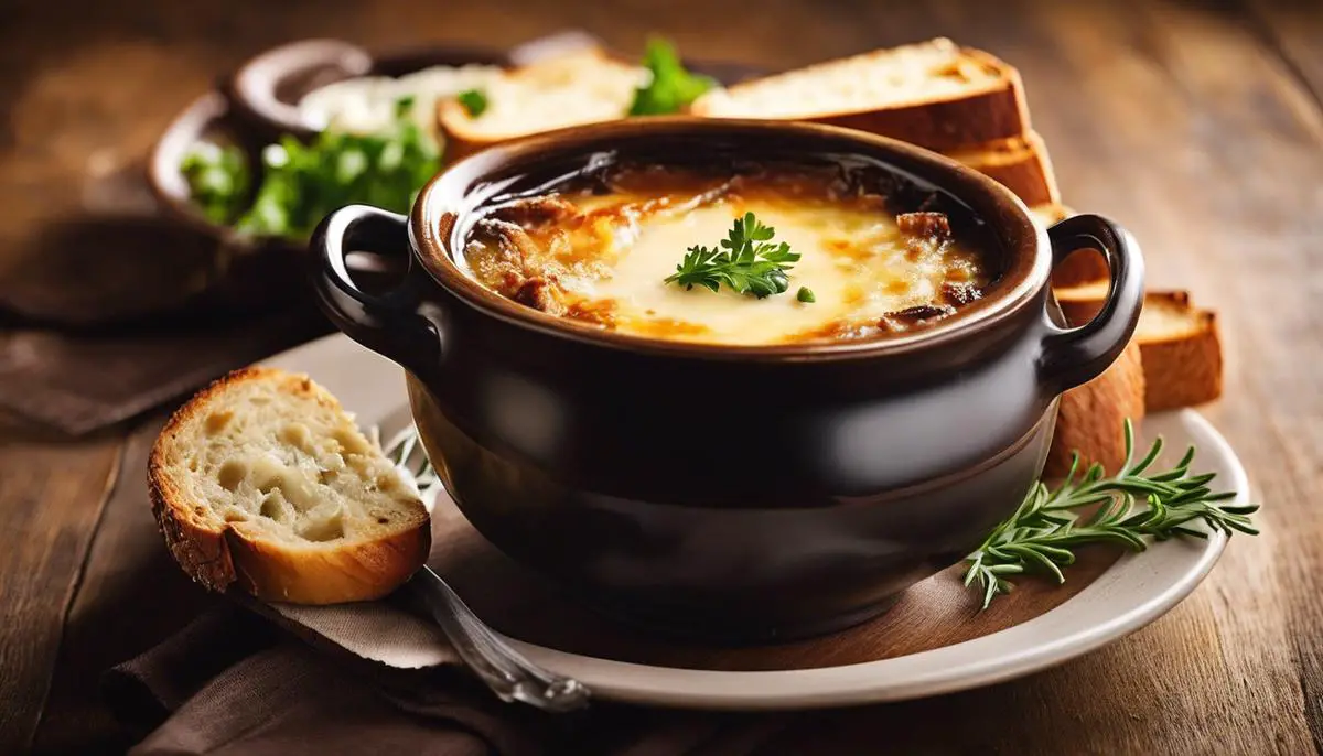 A bowl of French onion soup garnished with melted cheese and toasted bread. The steam rises from the warm, aromatic soup, creating an inviting and comforting image.