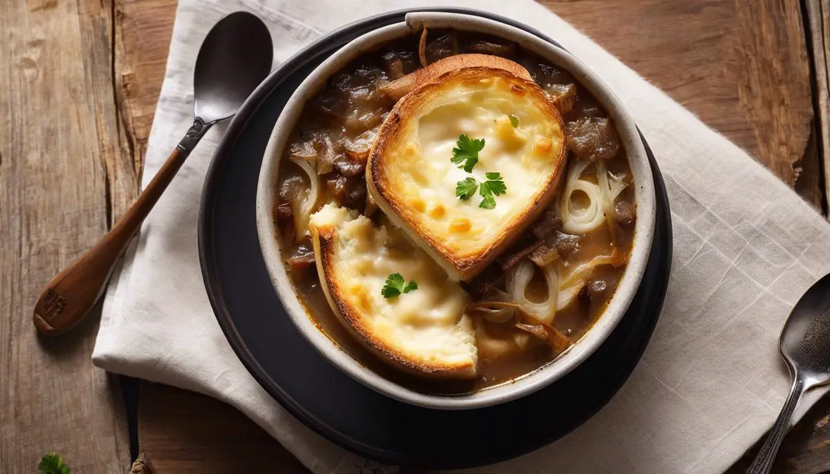 A steaming bowl of French onion soup topped with melted cheese and a toasted bread round.