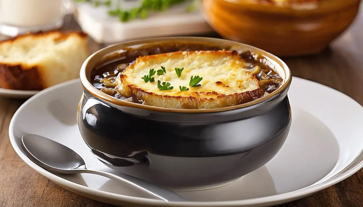 A delicious bowl of French onion soup, with caramelized onions, gooey cheese, and a golden-brown surface.