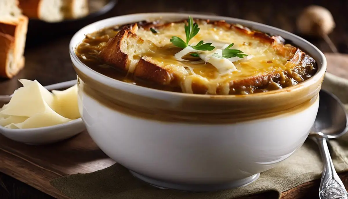 A steaming bowl of French onion soup topped with melted cheese and served with a crusty baguette.