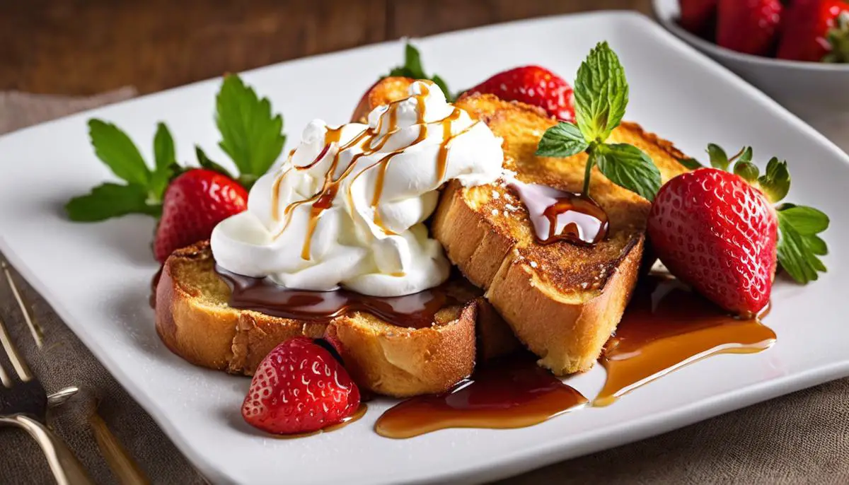 A delicious plate of French toast topped with strawberries, whipped cream, and drizzled with maple syrup.