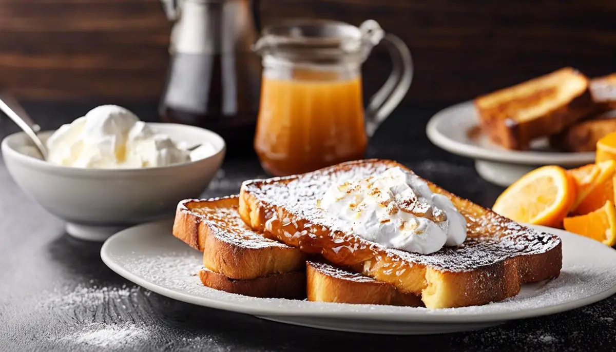 A plate of French toast with syrup and powdered sugar on top