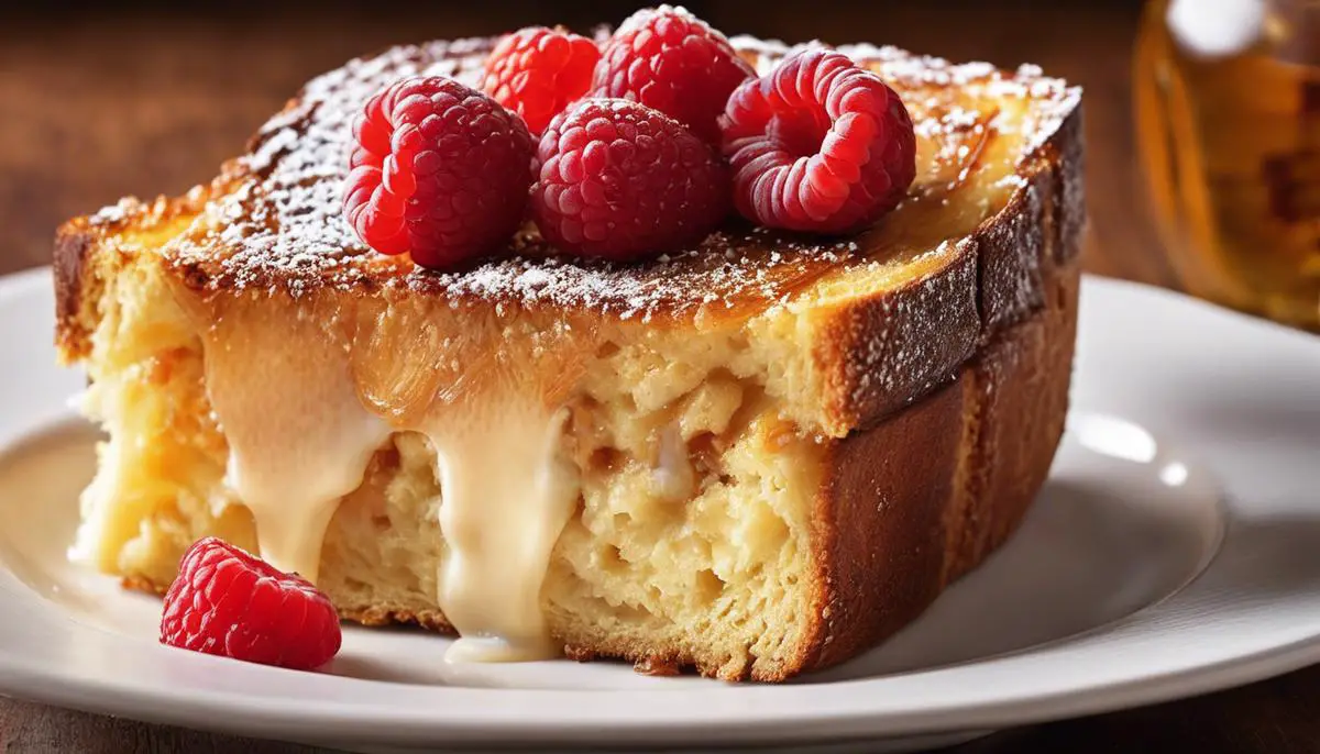 A close-up image of a slice of French toast bread with a golden brown crust and a soft, fluffy interior