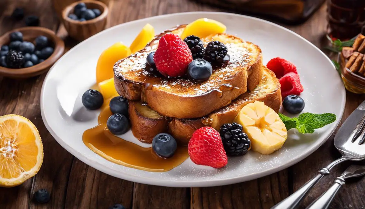 French toast served with various toppings and fresh fruit