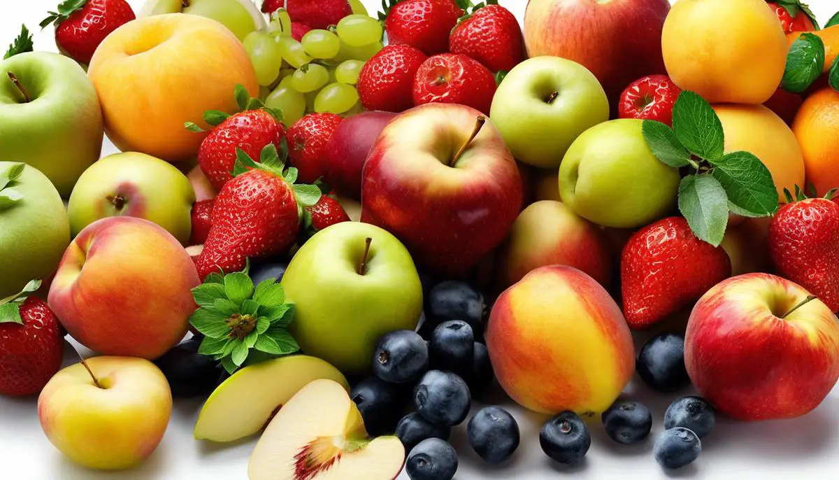 Various fresh fruits, including apples, peaches, strawberries, and citrus fruits, displayed on a white background.