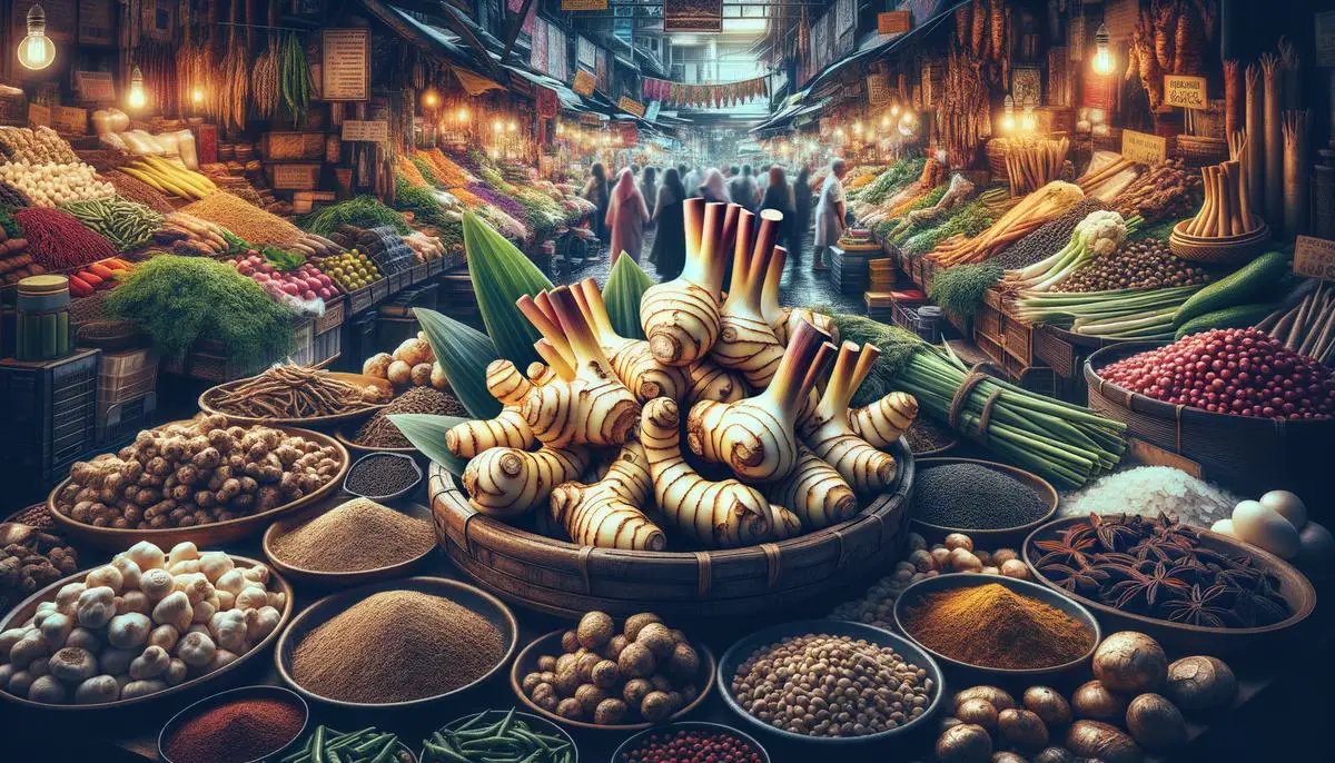 Photo of fresh galangal roots displayed among other herbs and spices in a vibrant Asian market, showcasing the ingredient's importance in Asian cuisine and its typical sourcing environment.