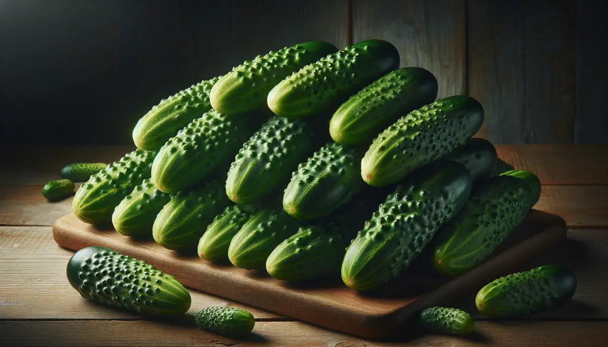 Fresh, firm pickling cucumbers with bumpy skin on a wooden cutting board