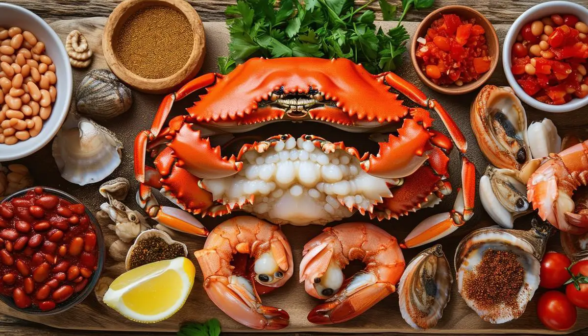 An assortment of fresh seafood like crab, shrimp, and scallops alongside traditional chili ingredients like beans, tomatoes, and spices, all arranged on a rustic wooden cutting board