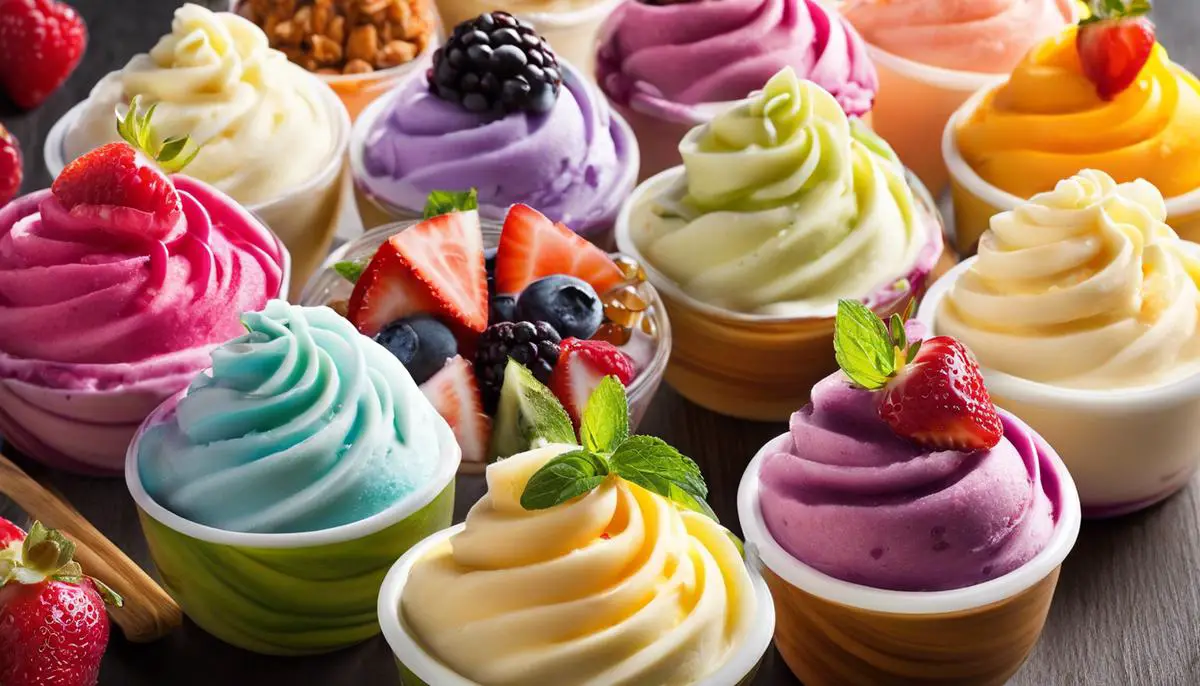 A visual representation of the evolution of frozen yogurt, showing different flavors and colorful toppings on a swirl of frozen yogurt.