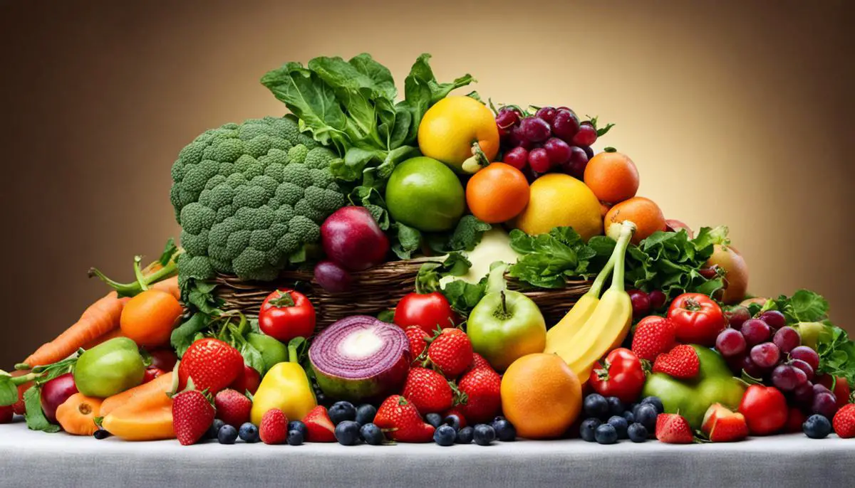 Image illustrating the contrast between fruits and vegetables, with various colorful fruits and vegetables arranged in a balanced composition.