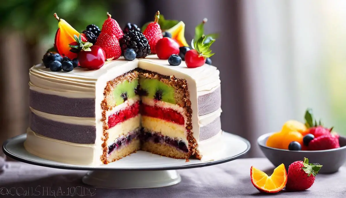 A delicious-looking fruit-based cake with layers of fruit and a moist, fluffy texture.